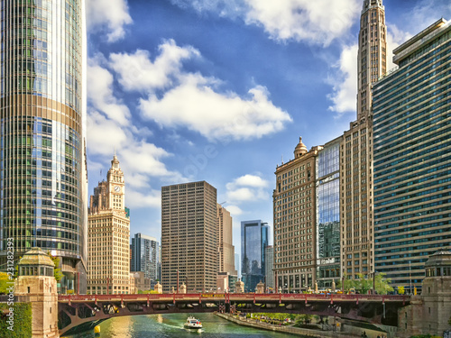 The Chicago River at Wabash Avenue in Chicago, USA. Modern Cityscape.