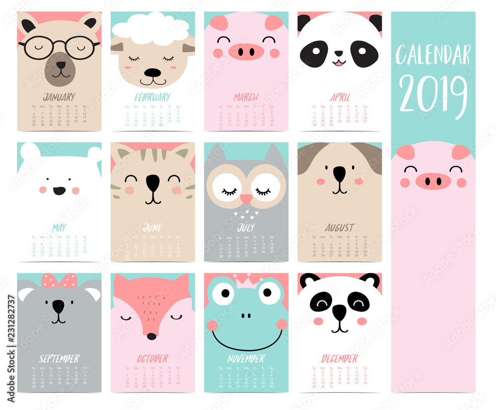 Doodle calendar set 2019 with bear,pig,panda,sheep,cat,owl,fox,fog,koala  for children.Can be used for printable graphic Stock Vector | Adobe Stock