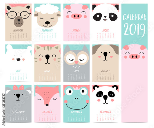 Doodle calendar set 2019 with bear,pig,panda,sheep,cat,owl,fox,fog,koala for children.Can be used for printable graphic