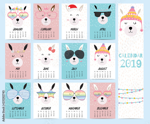 Doodle calendar set 2019 with llama,christmas,glasses,heart,star for children.Can be used for printable graphic