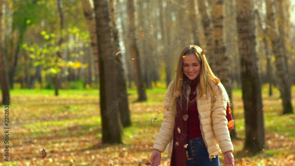 A beautiful girl in the autumn Park collects leaves with her hands and throws them. A beautiful girl in the autumn Park collects leaves with her hands and throws them.