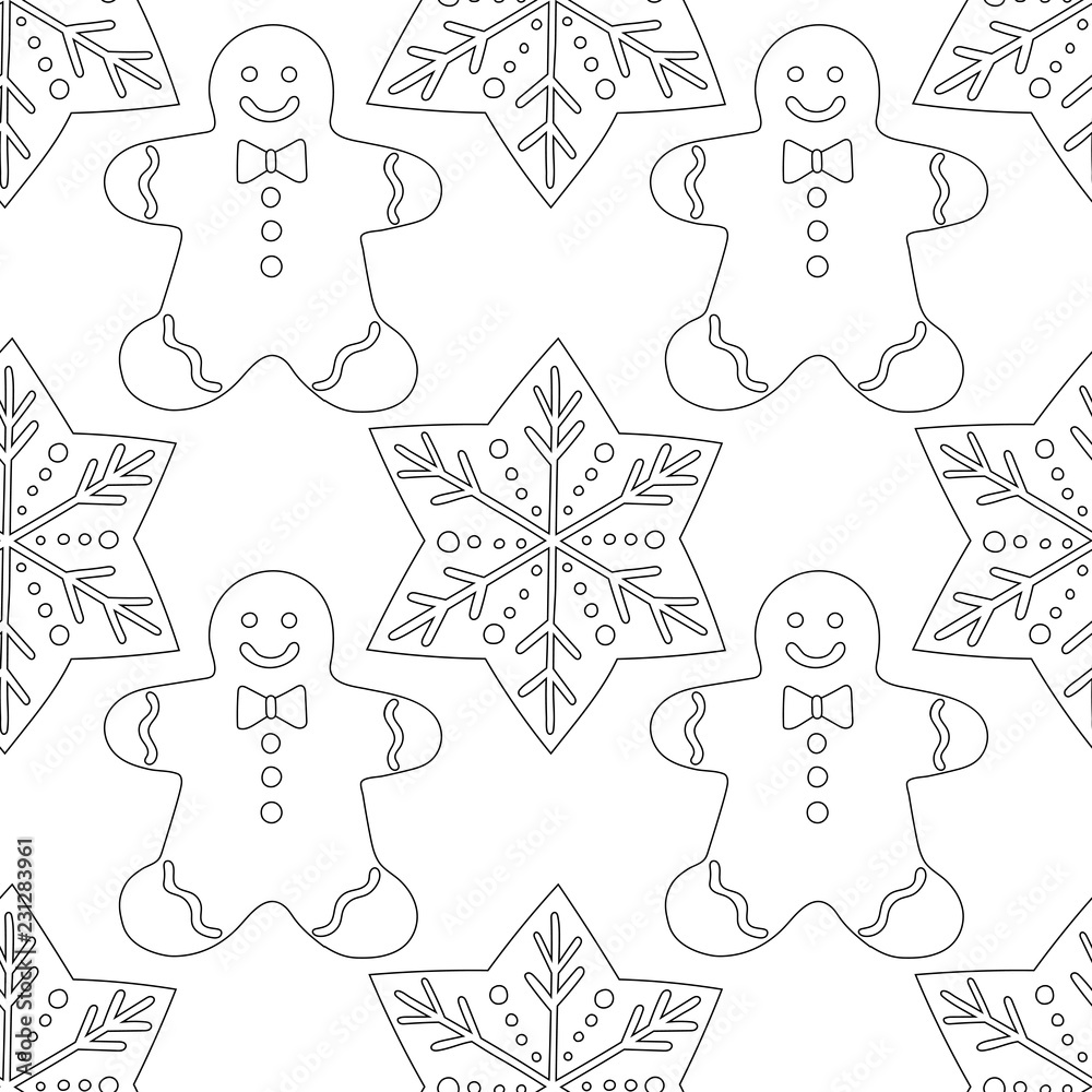 Fototapeta premium Gingerbread. Black and white illustration for coloring book or page. Christmas, holiday background.