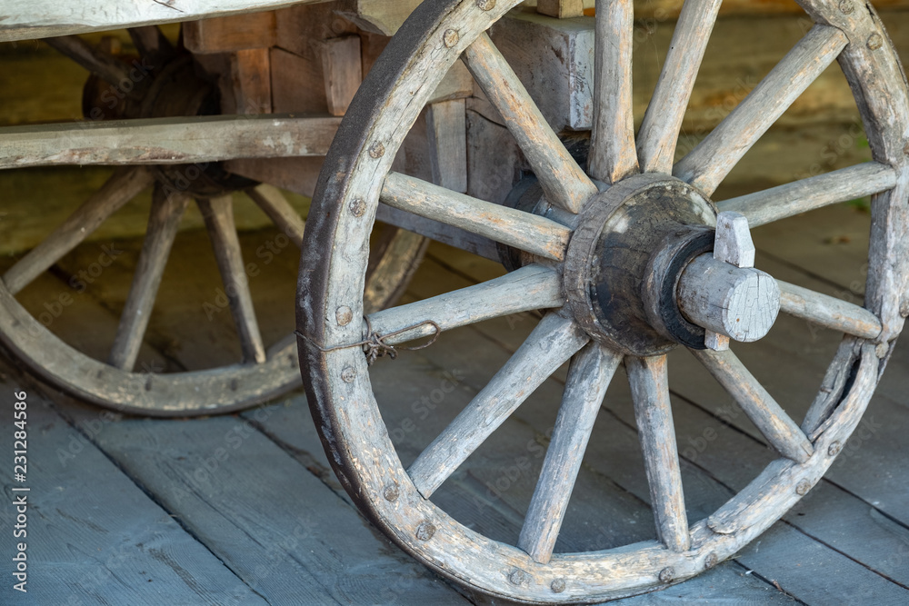 Old wooden wheel from the cart.