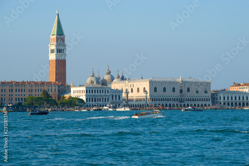 The Campanile of St. Mark Cathedral and the Doge Palace on a sunny day. Venice