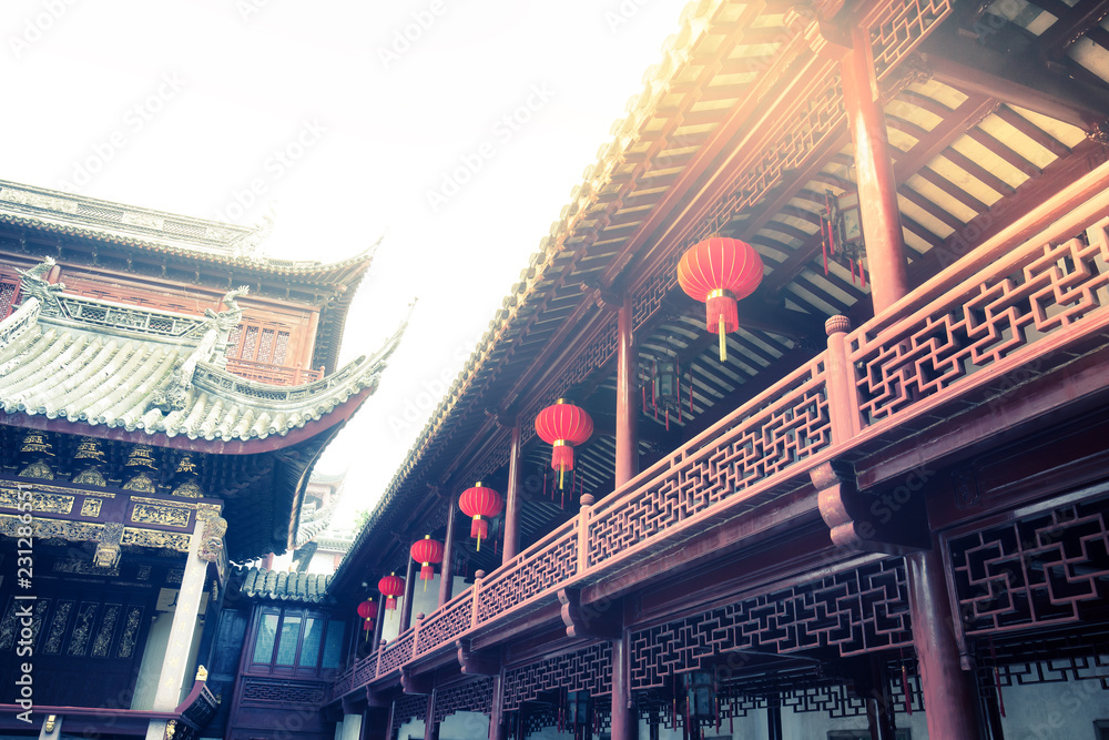 Ancient temple of the Yuan Garden in Shanghai, China. Colorful travel background.