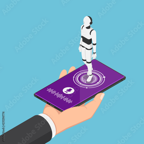 Isometric businessman holding smartphone with ai robot assistant