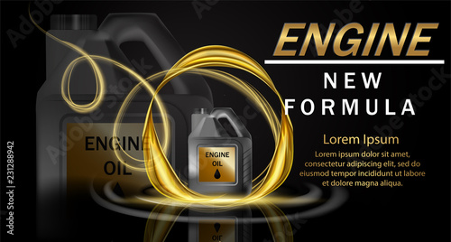 Engine oil advertisement background. Vector illustration with realistic canister and motor oil on bright background. 3d ads template.