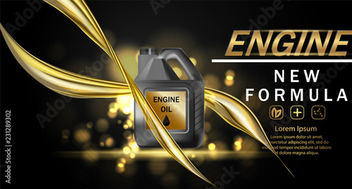 Engine oil advertisement background. Vector illustration with realistic canister and motor oil on bright background. 3d ads template.