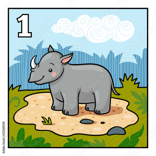 Cartoon illustration for children. Learn to count with animals, one rhino