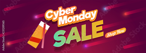 Website header or banner design with lettering of Cyber Monday Sale on abstract red background.