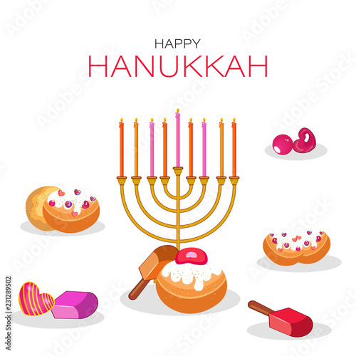 Traditional menorah (Candelabrum) with festival food elements on white background. Happy Hanukkah festival greeting card design.