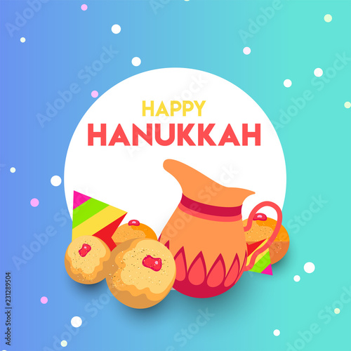 Happy Hanukkah greeting card design with festival food elements illustration for Jewish Holiday celebration.