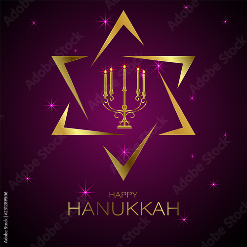 Shiny golden holy david star with traditional menorah (Candelabrum) on glossy purple background. Happy Hanukkah greeting card design.