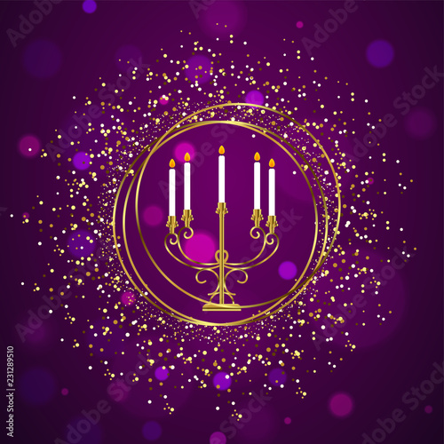 Traditional menorah (Candelabrum) with golden glittering effect on blurred purple background for Jewish Holiday celebration.