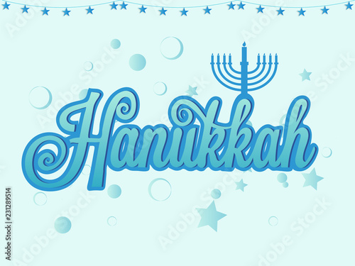 Stylish lettering of Happy Hanukkah on blue star abstract decorated background. Can be used as greeting card design.