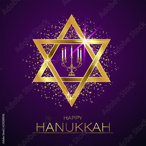 Shiny golden david star and candelabra with glittering effect, Happy Hanukkah greeting card design.