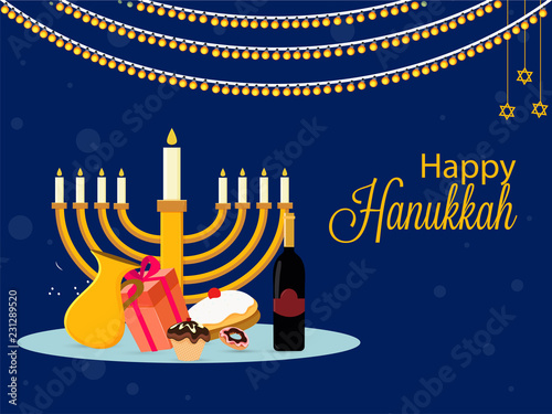 Happy Hanukkah festival celebration background with illustration of festival food elements and candelabra on blue background.