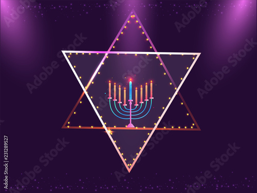 Holy David Star decorated with illuminated light bulbs with candelabrum on purple background. Jewish Holiday celebration.