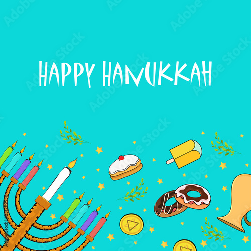 Festival elements decorated background with lettering of Happy Hanukkah for Jewish Holiday celebration.