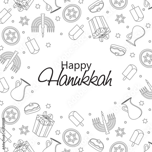 Line art illustration of food elements and traditional menorah decorated on white background for Happy Hanukkah celebration.