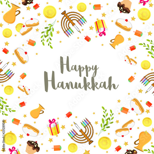Happy Hanukkah festival background with decorated with food elements and candelabra for Jewish Holiday celebration.