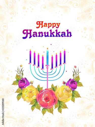 Happy Hanukkah greeting card design with beautiful flower and traditional candelabra.