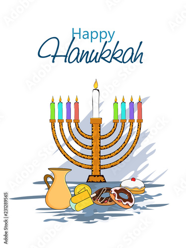 Jewish Holiday celebration, flat style candelabra with festival food elements on white background. Happy Hanukkah greeting card design.