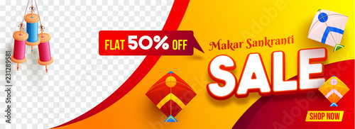 Makar Sankranti Sale banner or header design with flat 50% discount offer, colorful kites and string spool hang on abstract background with space for your product image.