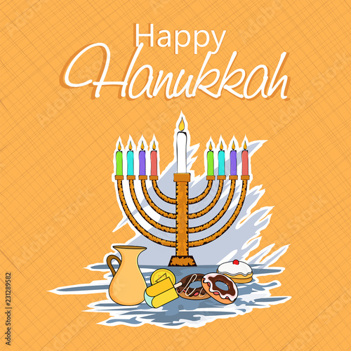 Sticker Style traditional menorah with festival food elements on orange background can be used as greeting card design.