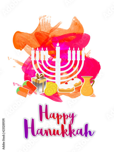 Happy Hanukkah greeting card design with festival food elements and traditional candelabra for Jewish Holiday celebration.