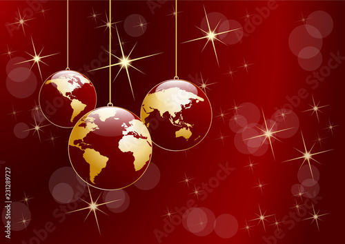 Christmas tree, vector postcard in red. Balls in the shape of planet earth, background