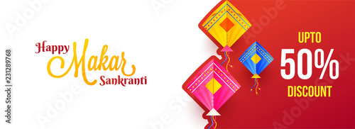 Up to 50% discount offer for Makar Sankranti festival, colorful kite decorated on glossy red background. Website header or banner design.