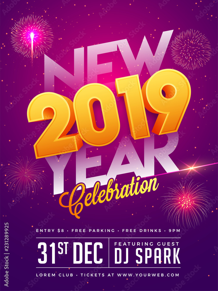 Glossy 3D text 2019 with time, date and venue details on purple background for New Year celebration.