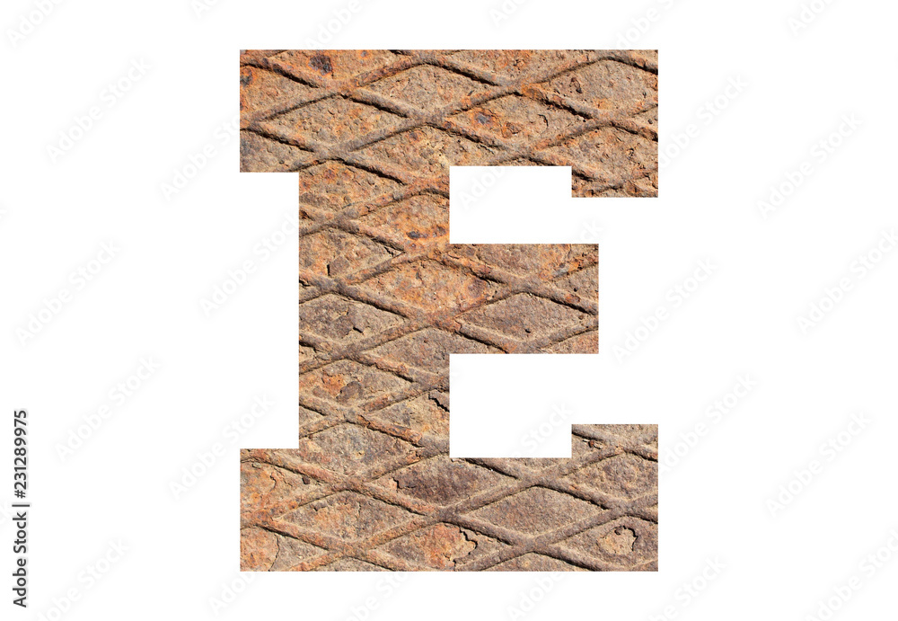 Letter E – with rusty metal texture on white background Letter E – with rusty metal texture on white background