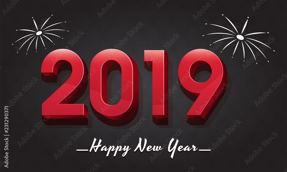 3D text 2019 on glossy black background for New Year celebration poster design.