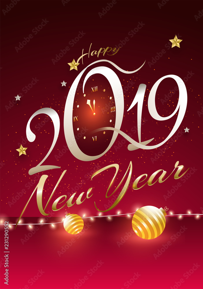 Stylish text 2019 with wall clock on glossy red background. Happy New Year  greeting card design. Stock Vector | Adobe Stock