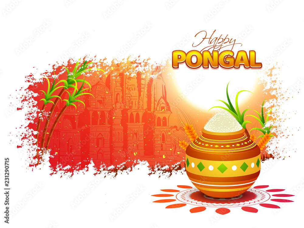 Happy Pongal banner or poster design, traditional pot and sugarcane on  brush stroke background for South Indian harvest festival celebration.  Stock Vector | Adobe Stock