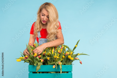 Floristics, holidays, flower shop and people concept - Beautiful blond young woman fixing bouquet of tulips on blue background.