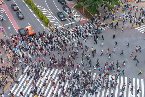 Pedestrians crosswalk at Shibuya district in Tokyo, Japan. Shibuya Crossing is one of the busiest crosswalks in the world.
