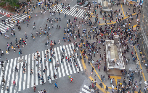 Pedestrians crosswalk at Shibuya district in Tokyo, Japan. Shibuya Crossing is one of the busiest crosswalks in the world.