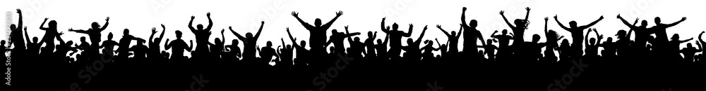Seamless crowd of fun people on party, holiday. Cheerful people having fun celebrating. Sporting event. Applause people hands up. Silhouette Vector Illustration