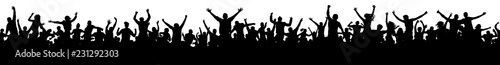 Seamless crowd of fun people on party, holiday. Cheerful people having fun celebrating. Sporting event. Applause people hands up. Silhouette Vector Illustration