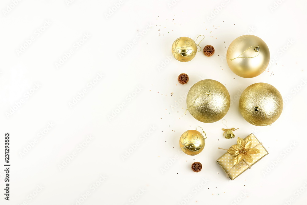 Christmas composition background from gold Christmas balls decorations . Xmas of New Year's Christmas balls. Winter holiday concept.Flat lay. Top view. Copy space