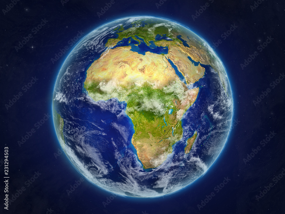 Africa from space on realistic model of planet Earth with very detailed planet surface and clouds.