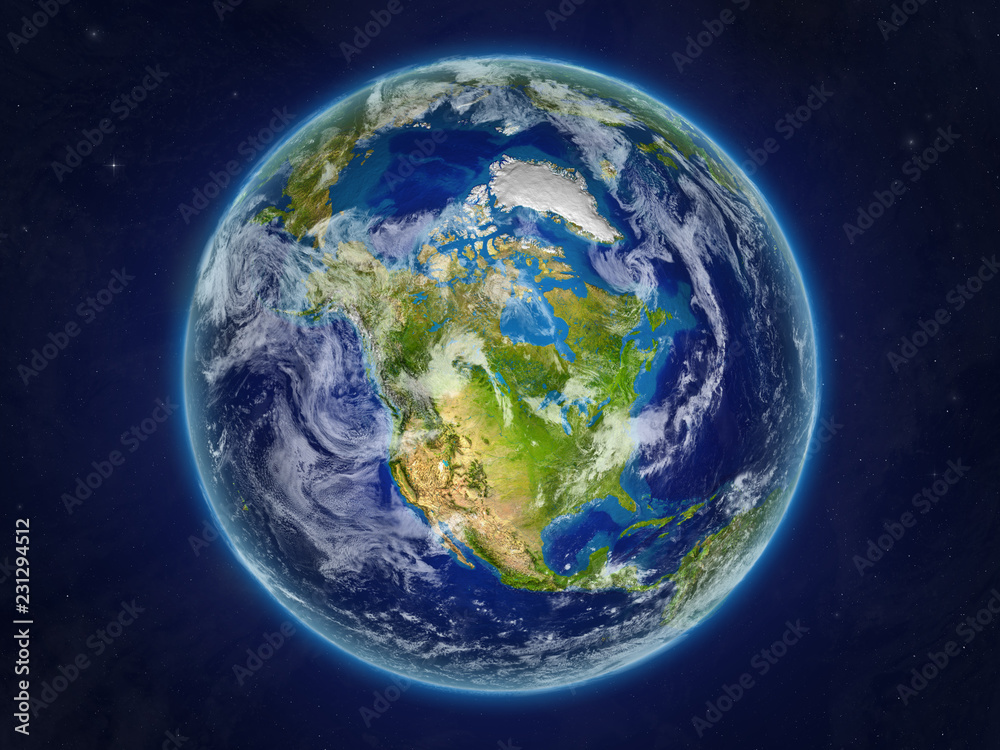 North America from space on realistic model of planet Earth with very detailed planet surface and clouds.