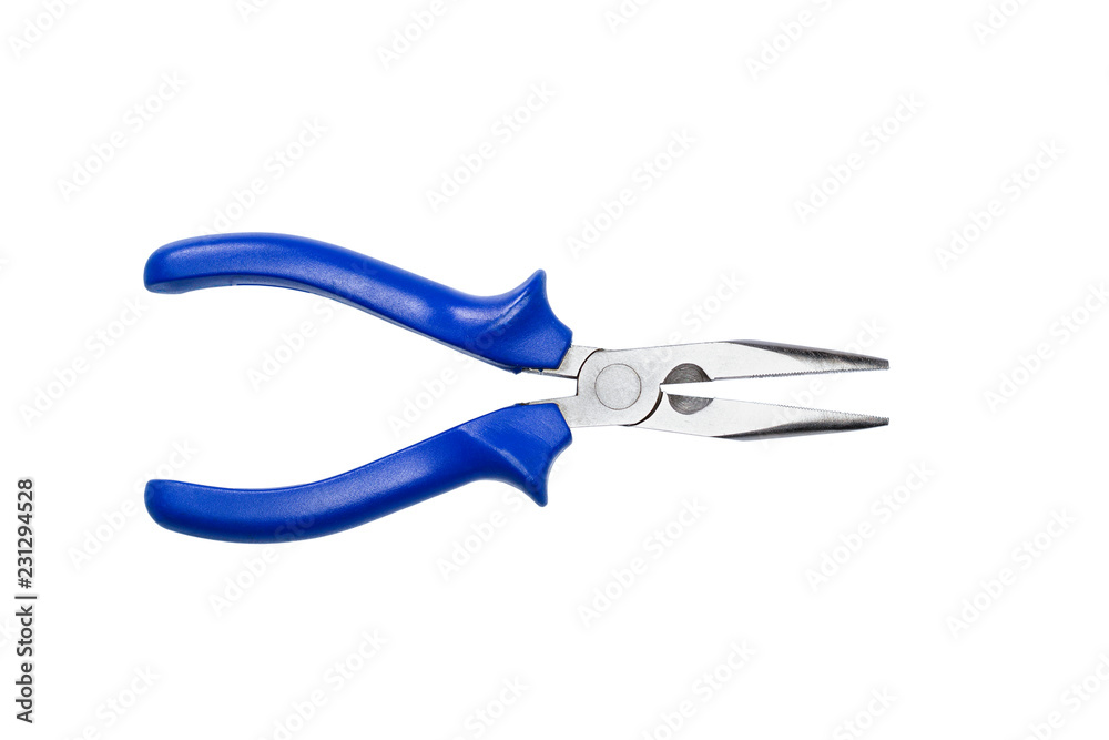 Long nose pliers with blue isolated handles on white background. Tool isolated on white, top view with clipping path. Long nose pliers with blue isolated handles on white background. Tool isolated on white, top view with clipping path.
