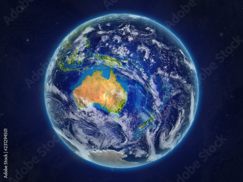 Fototapeta Naklejka Na Ścianę i Meble -  Australia from space on realistic model of planet Earth with very detailed planet surface and clouds.