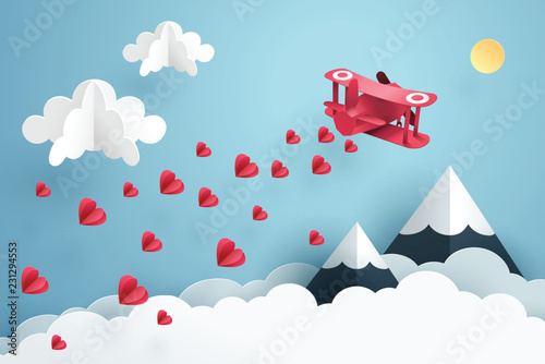 Paper art of pink air plane flying and scatter heart in the sky, origami and valentine's day celebrate concept