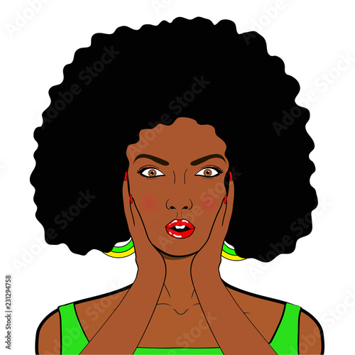Wow pop art face. Sexy surprised african woman with open mouth in pop art retro comic style on white