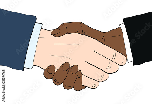 Businessmen shake hands vector illustration in retro pop art style. Partnership handshake concept poster in comic design